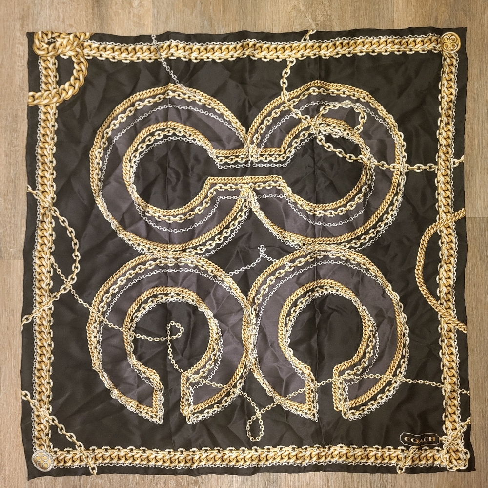 Coach 100% Silk Scarf Black, Gold & Silver